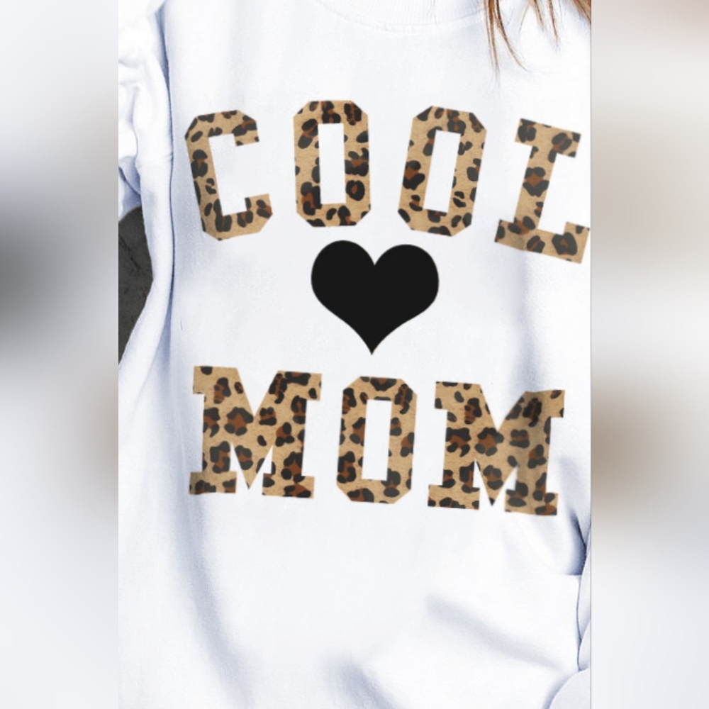 Leopard COOL MOM Heart Graphic Top Long-sleeve Pullover Casual Sweatshirt - Picture 5 of 5